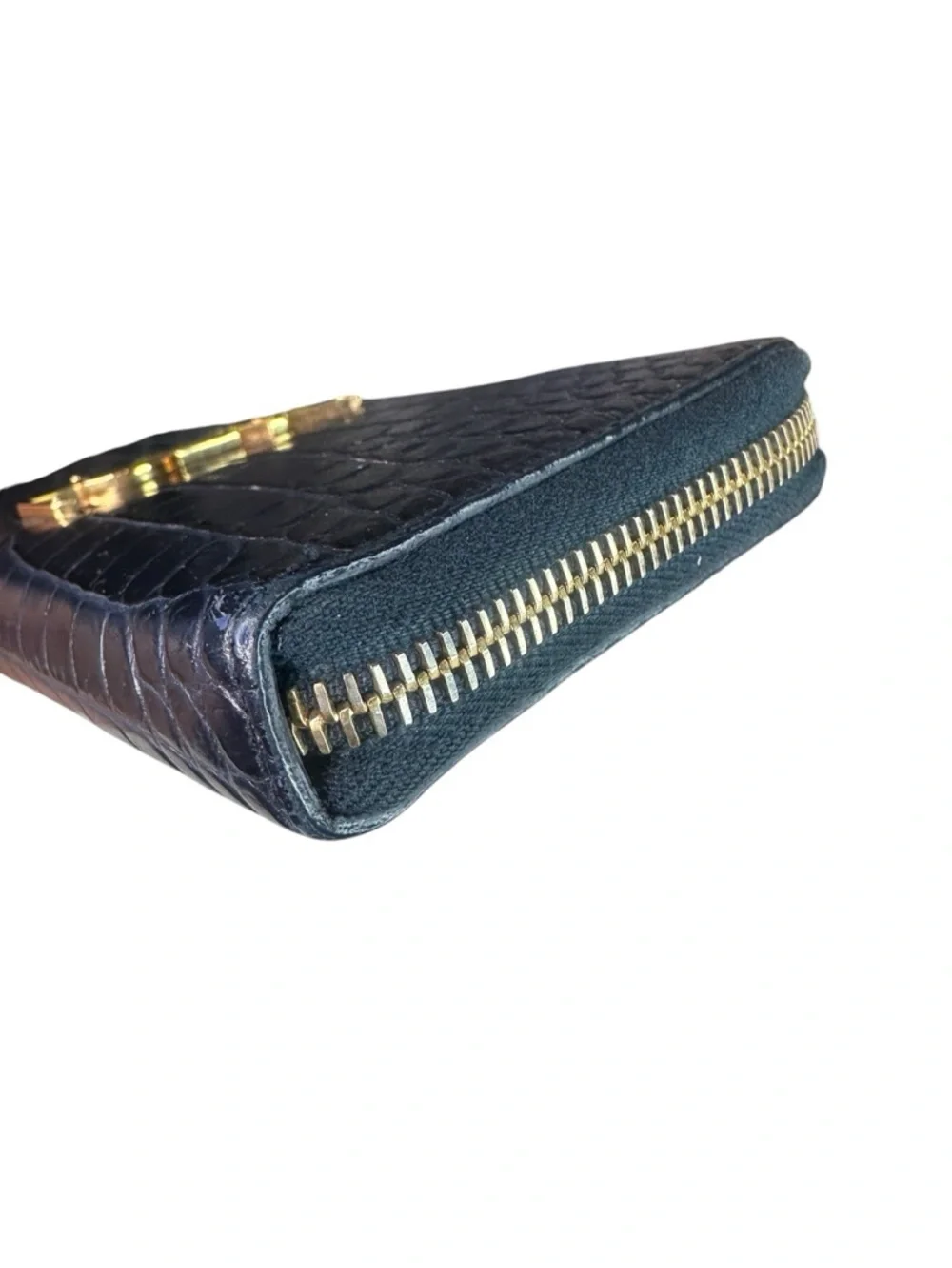 Yves Saint Laurent Navy Croc-Embossed Zip Wallet with Gold YSL Emblem - Picture 3 of 11